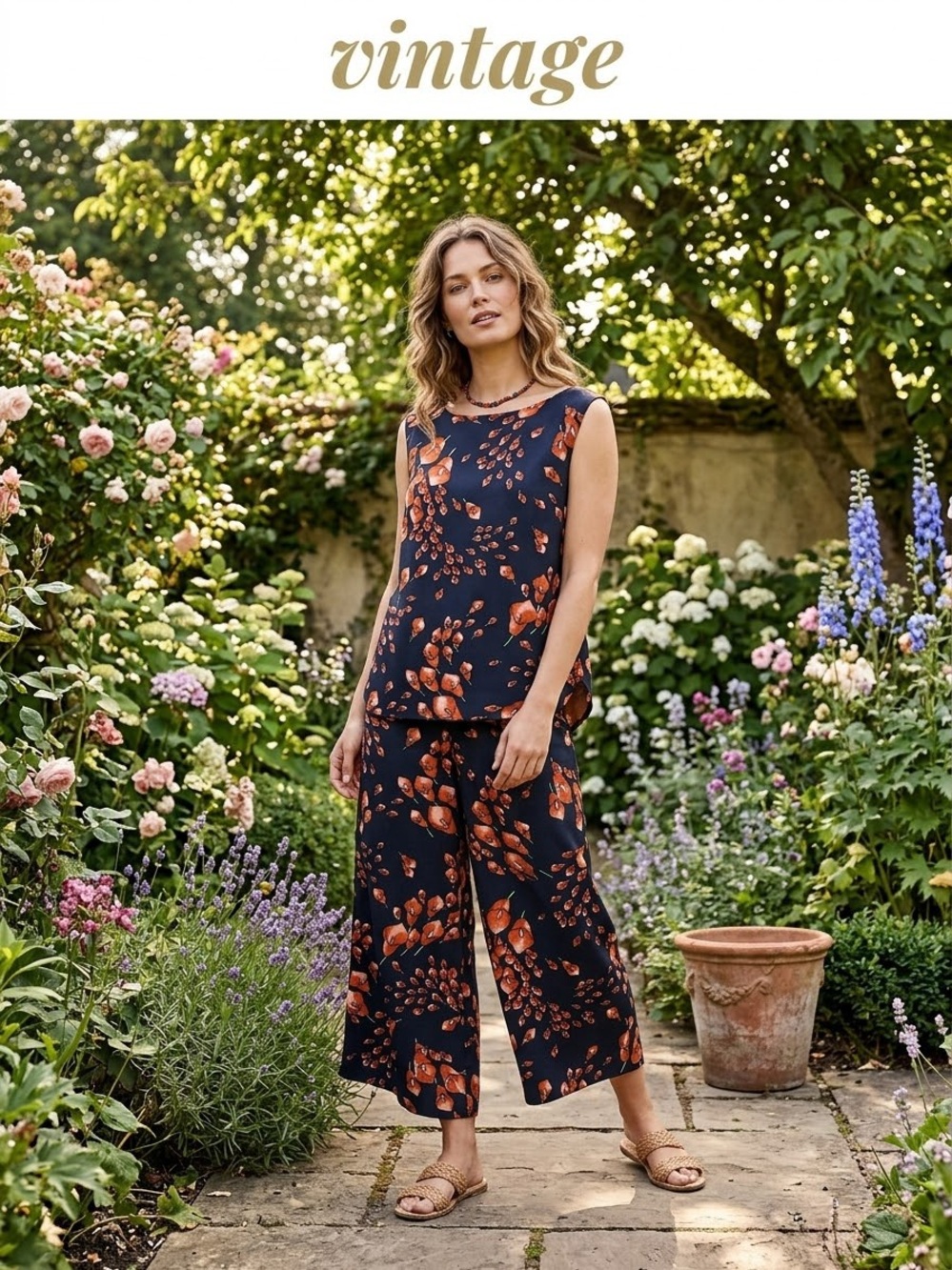 Vintage Sleeveless Floral Wide-Leg Pant and Top Set